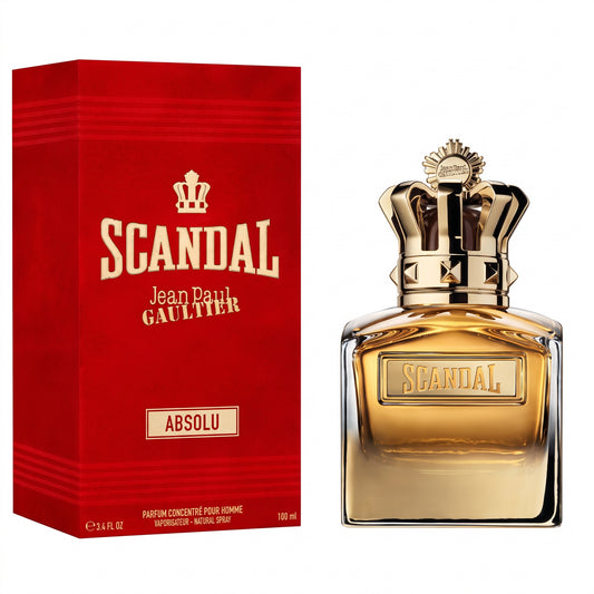 Scandal Absolu by Jean Paul Gaultier men's fragrance shown with its red packaging box and the amber glass spray bottle with a gold cap on a white background.